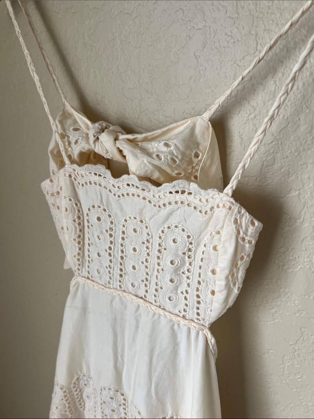 Mango cream eyelet cotton embroidered tie back midi dress - Picture 5 of 12